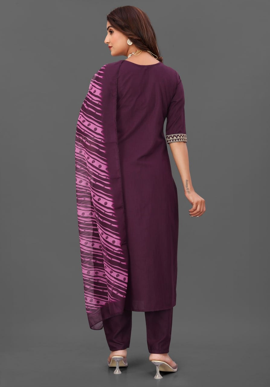 Elegant Wine Purple Embroidered Kurta Pant Set with Printed Dupatta