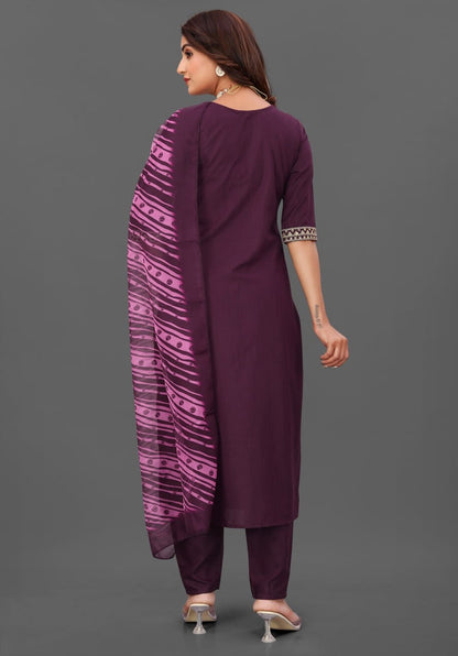 Elegant Wine Purple Embroidered Kurta Pant Set with Printed Dupatta