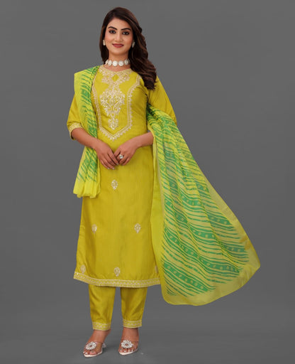 Elegant Mustard Yellow Embroidered Suit Set with Green Printed Dupatta