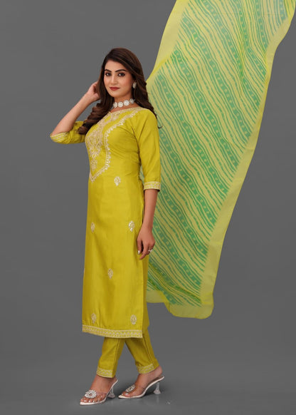 Elegant Mustard Yellow Embroidered Suit Set with Green Printed Dupatta