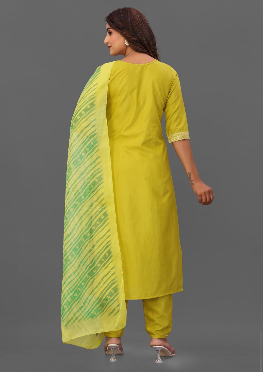 Elegant Mustard Yellow Embroidered Suit Set with Green Printed Dupatta