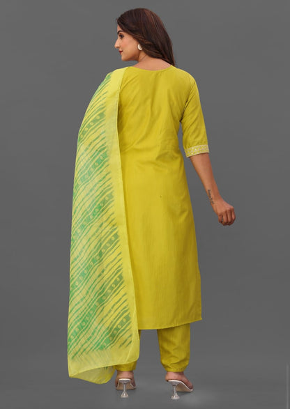 Elegant Mustard Yellow Embroidered Suit Set with Green Printed Dupatta