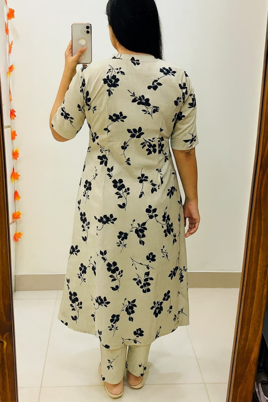 Elegant Cream Floral Printed Kurta Pant Set for Women