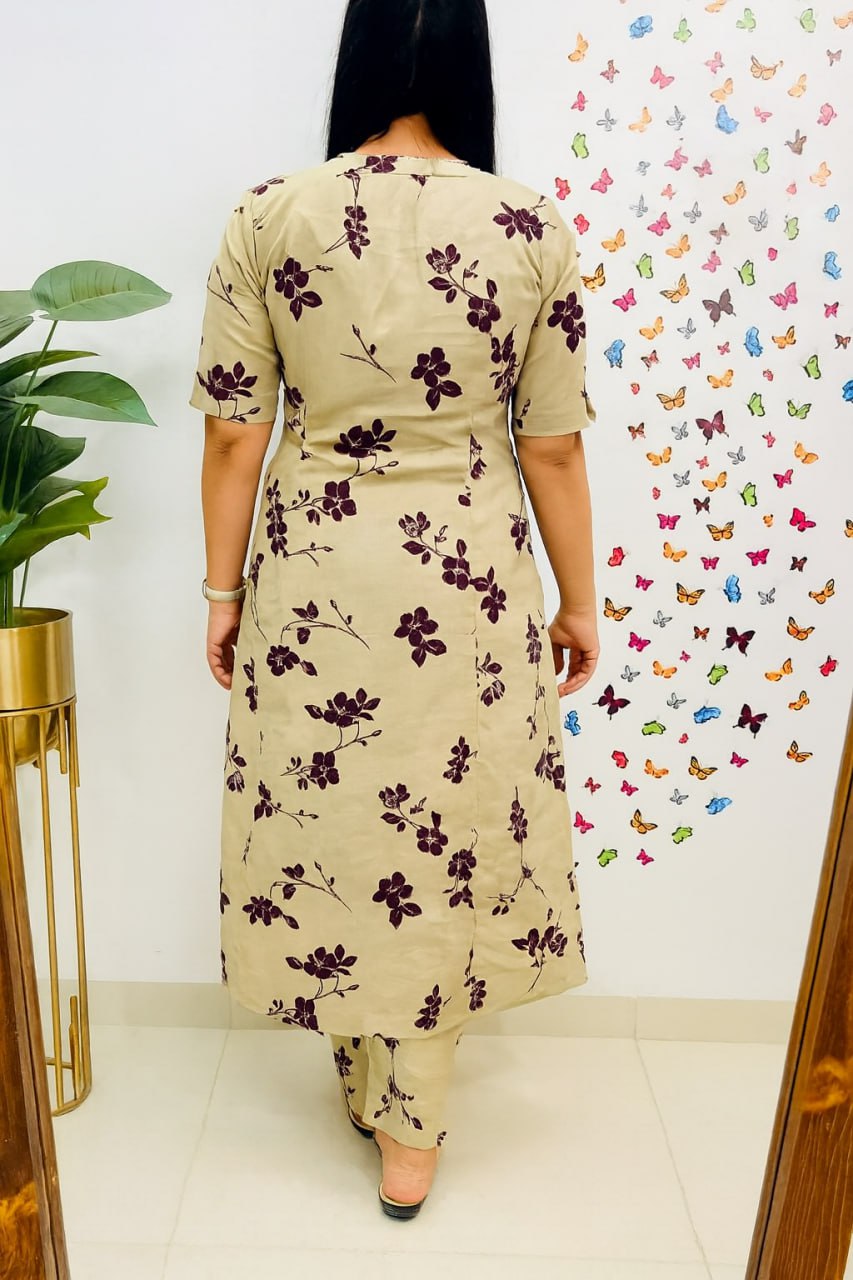 Elegant Cream Floral Printed Kurta Pant Set for Women