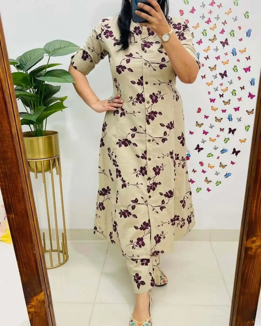 Elegant Cream Floral Printed Kurta Pant Set for Women