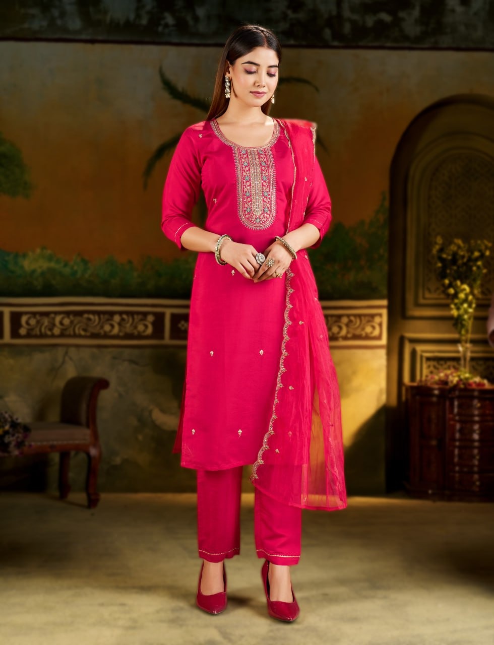 Elegant Hot Pink Straight Kurta Pant Set with Embroidered Dupatta