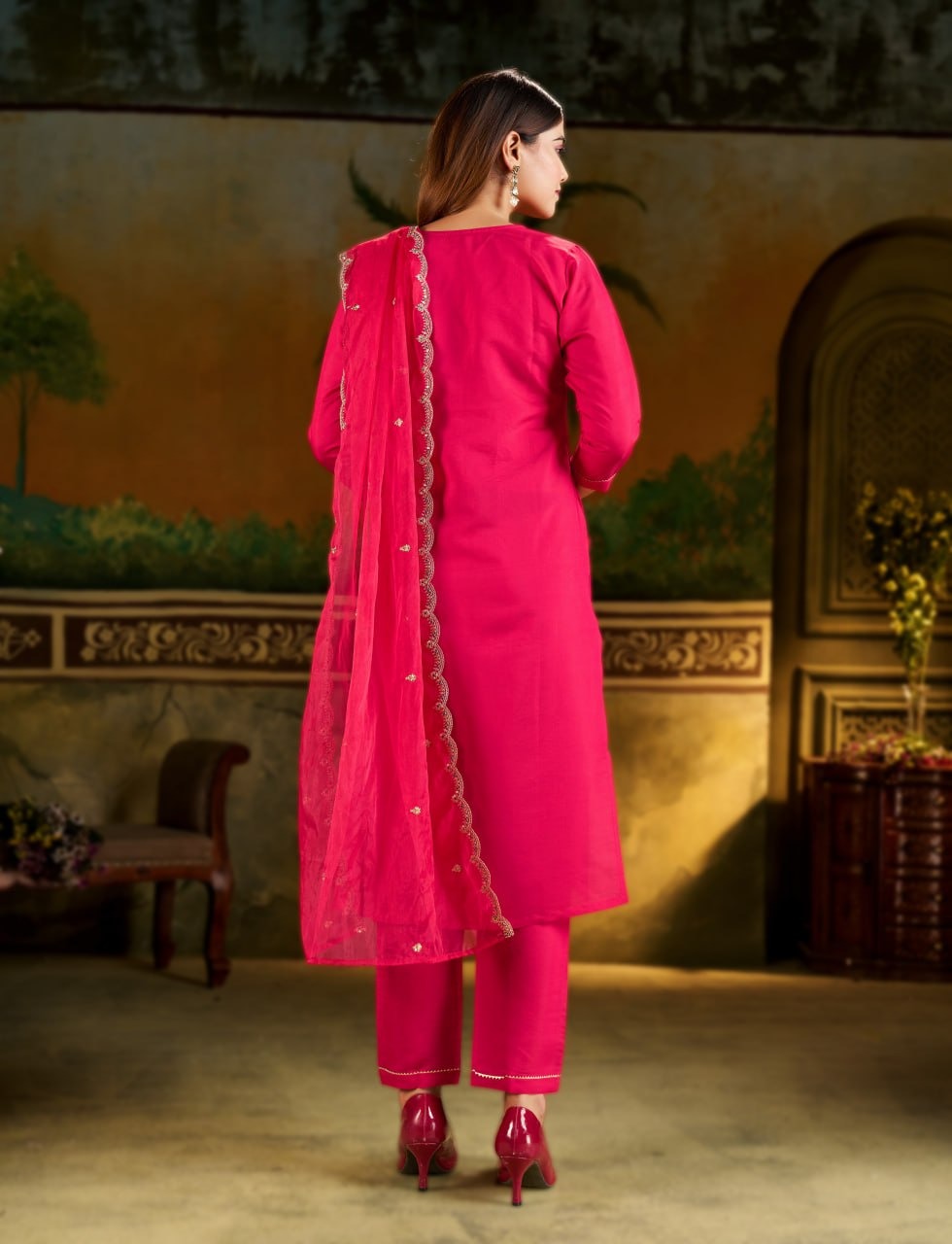 Elegant Hot Pink Straight Kurta Pant Set with Embroidered Dupatta