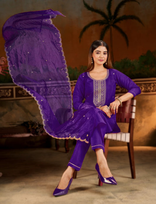 Elegant Royal Purple Embroidered Suit Set with Dupatta