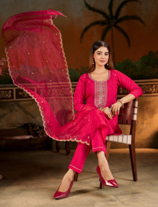 Elegant Hot Pink Straight Kurta Pant Set with Embroidered Dupatta