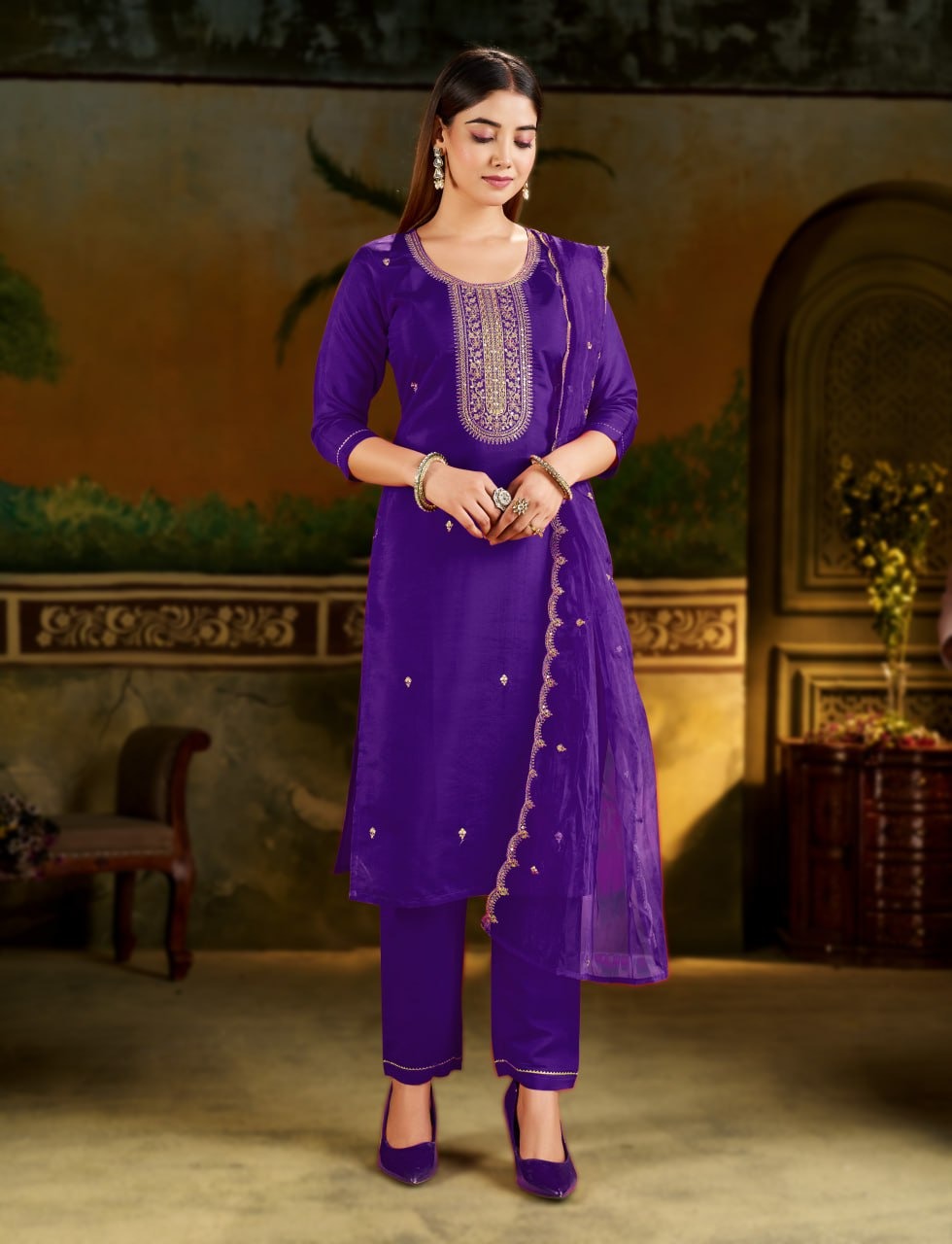 Elegant Royal Purple Embroidered Suit Set with Dupatta