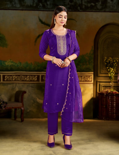 Elegant Royal Purple Embroidered Suit Set with Dupatta