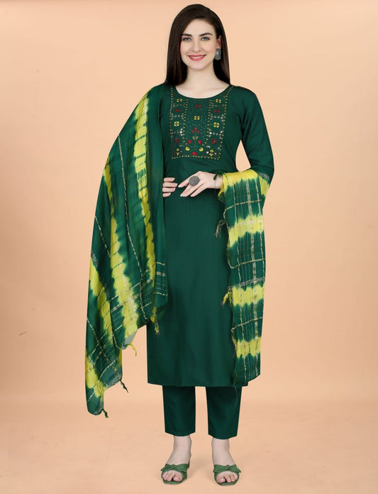 Elegant Dark Green Solid Kurta Pant Set with Printed Dupatta