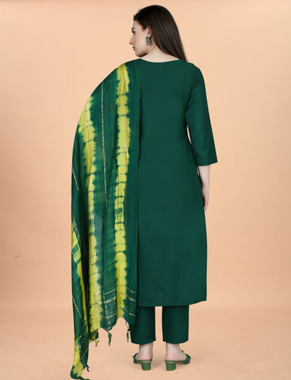 Elegant Dark Green Solid Kurta Pant Set with Printed Dupatta