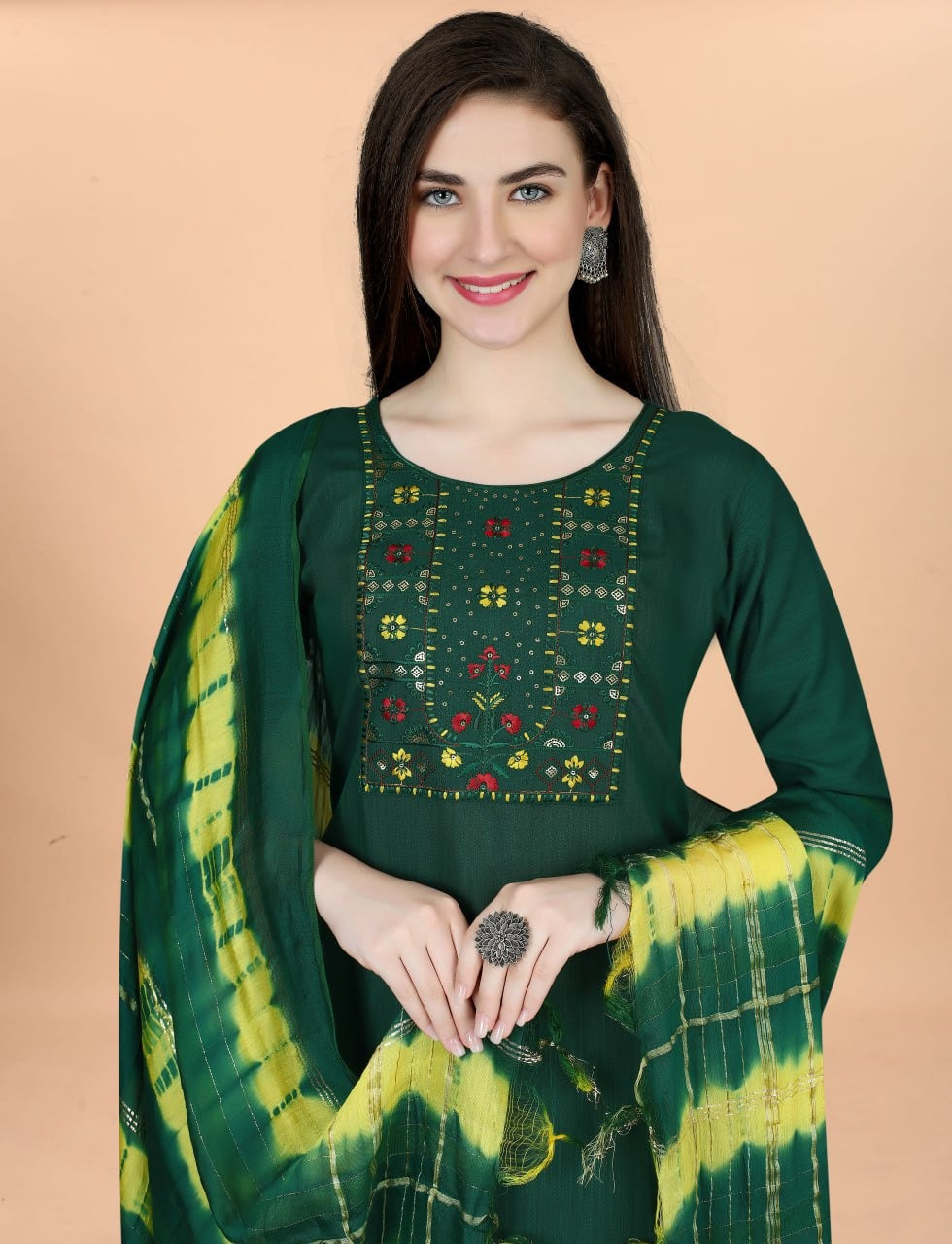 Elegant Dark Green Solid Kurta Pant Set with Printed Dupatta