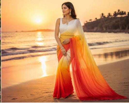 Elegant Brown Ombre Georgette Saree with White Blouse