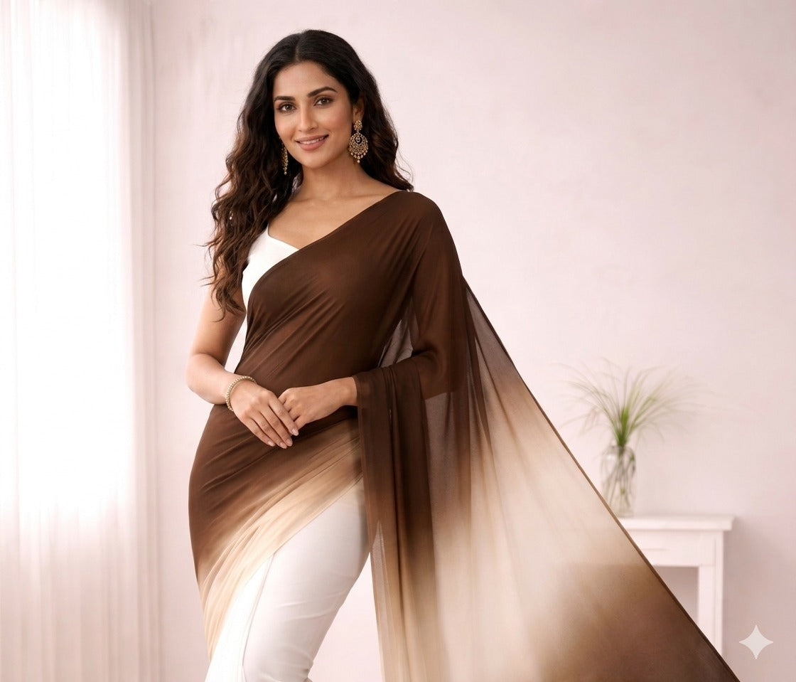 Elegant Brown Ombre Georgette Saree with White Blouse