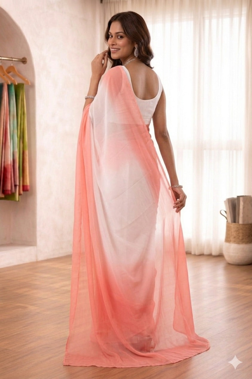 Elegant White & Coral Pink Ombre Saree