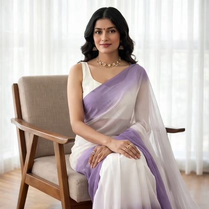 Elegant White & Lavender Ombre Saree with Sleeveless Blouse