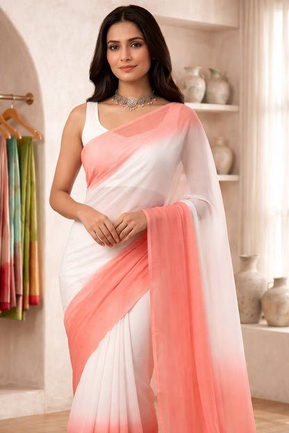 Elegant White & Coral Pink Ombre Saree