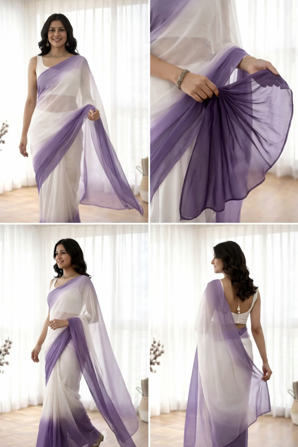 Elegant White & Lavender Ombre Saree with Sleeveless Blouse