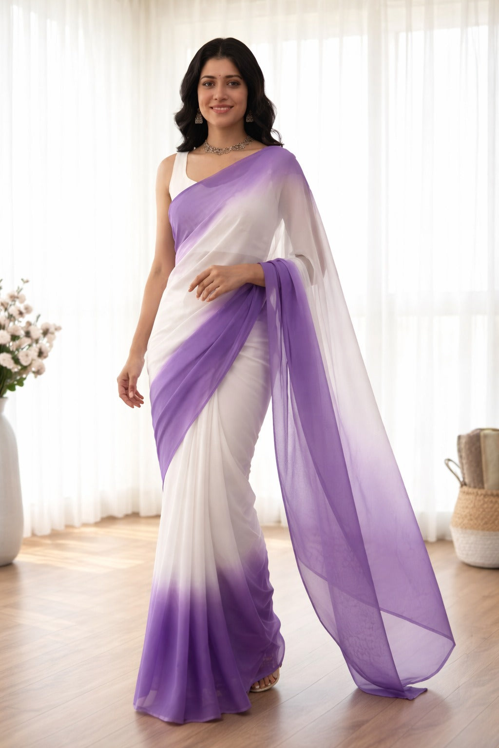Elegant White & Lavender Ombre Saree with Sleeveless Blouse