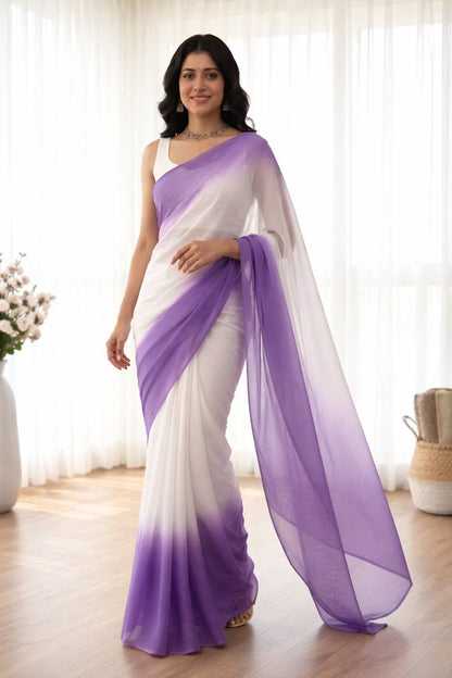 Elegant White & Lavender Ombre Saree with Sleeveless Blouse