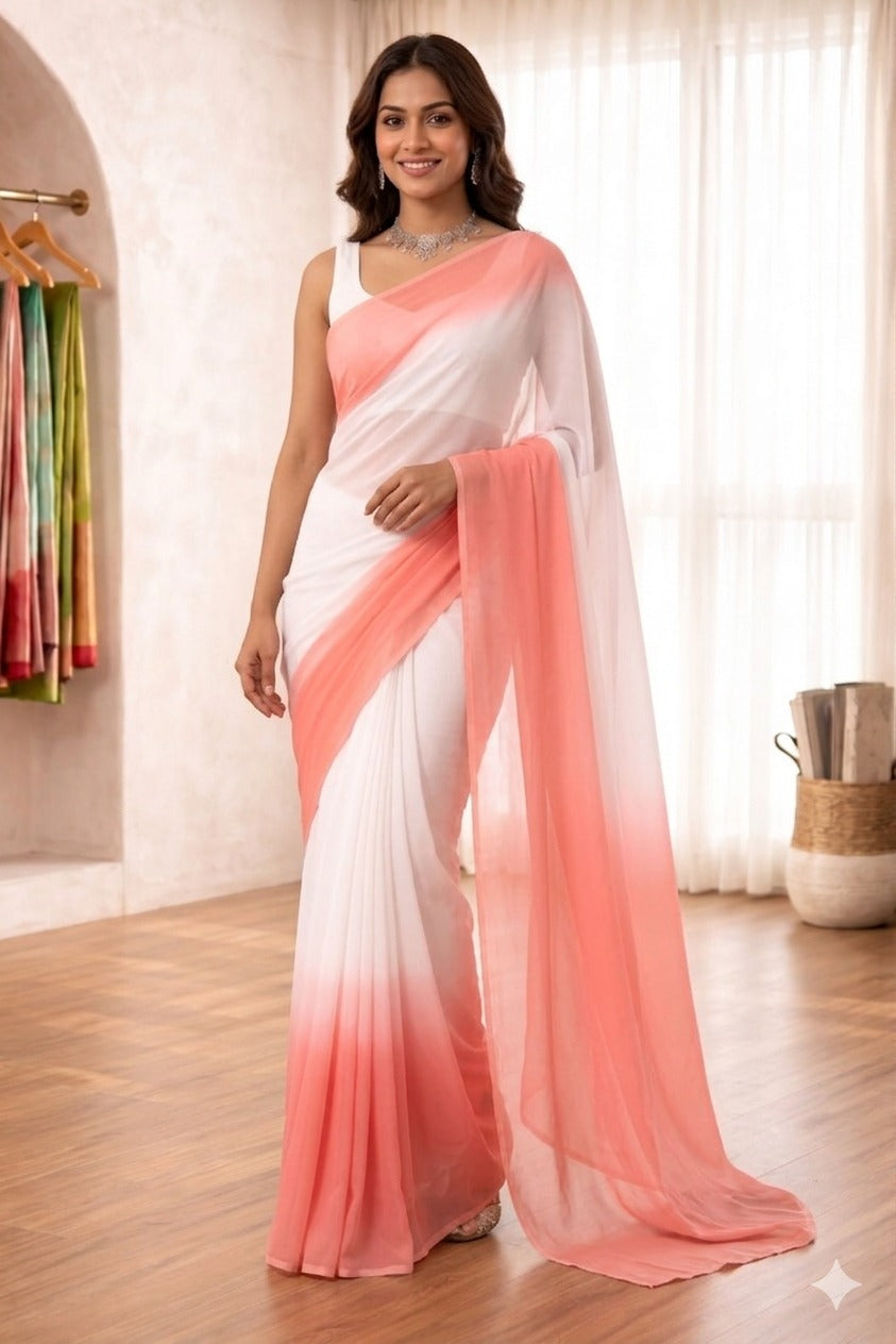 Elegant White & Coral Pink Ombre Saree