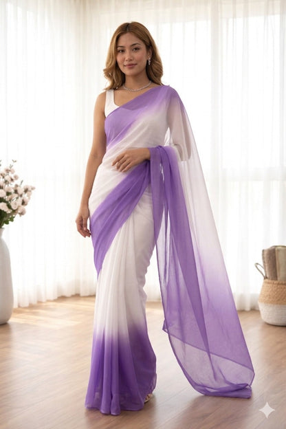 Elegant White & Lavender Ombre Saree with Sleeveless Blouse