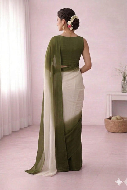 Elegant Olive Green & White Ombre Saree