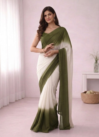 Elegant Olive Green & White Ombre Saree