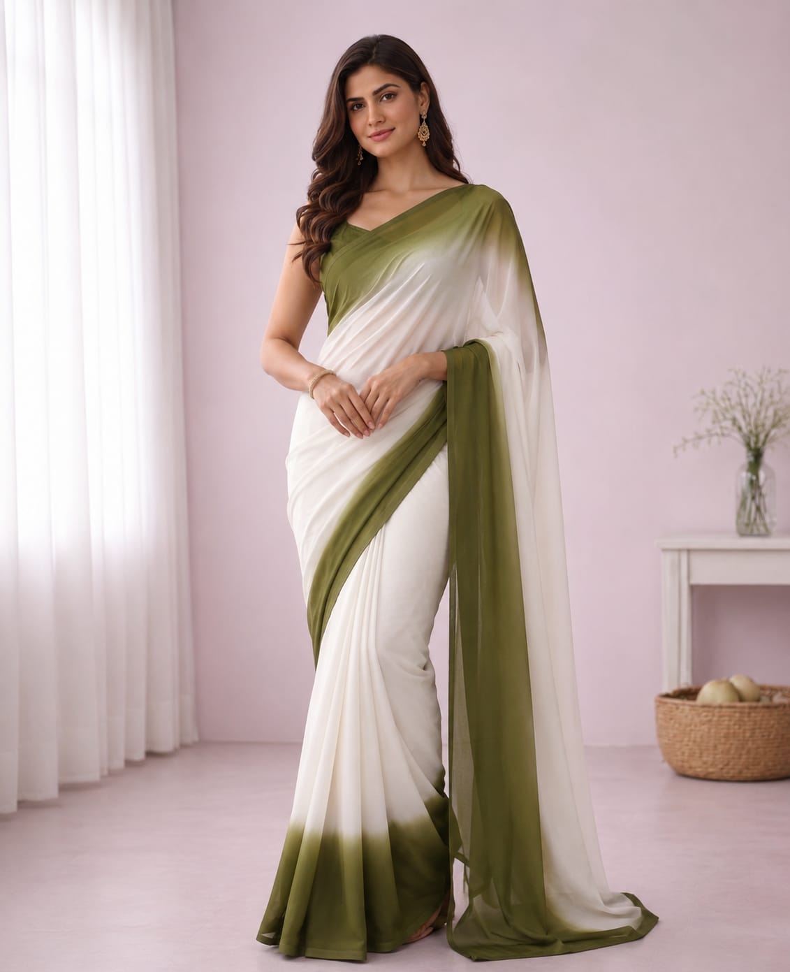Elegant Olive Green & White Ombre Saree