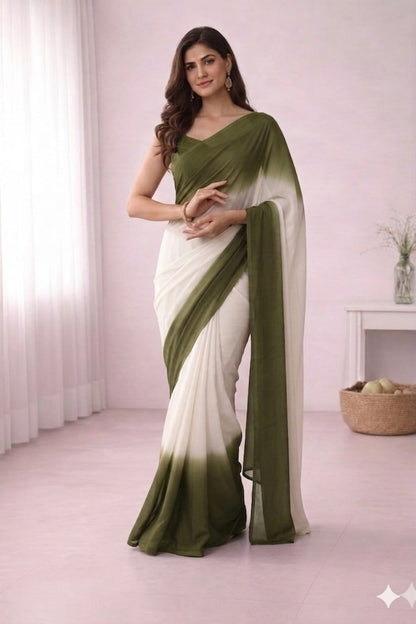 Elegant Olive Green & White Ombre Saree