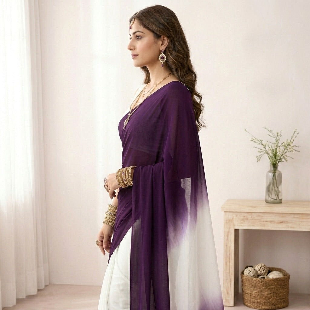 Elegant Purple & White Ombre Saree