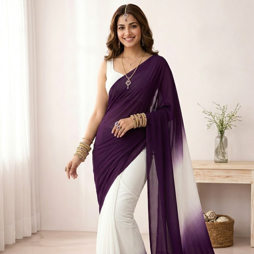 Elegant Purple & White Ombre Saree