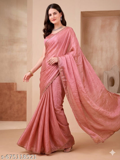 Elegant Blush Pink Satin Saree with Embellished Border