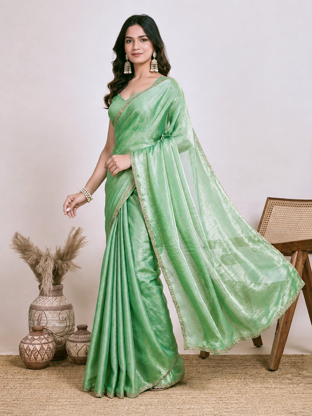 Elegant Mint Green Saree with Golden Border