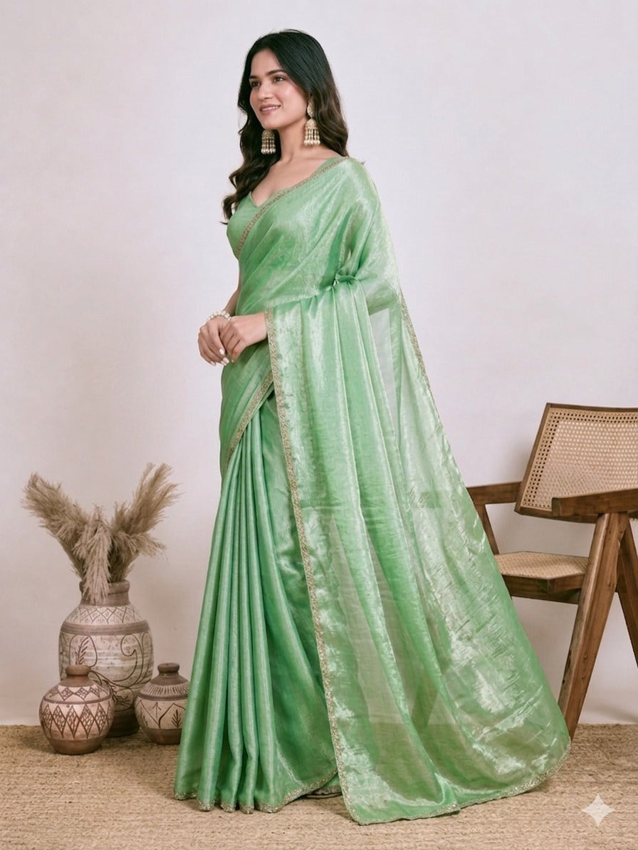 Elegant Sage Green Saree with Golden Border