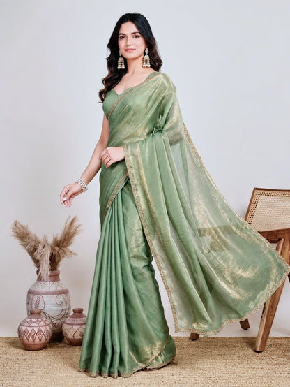 Elegant Mint Green Saree with Golden Border