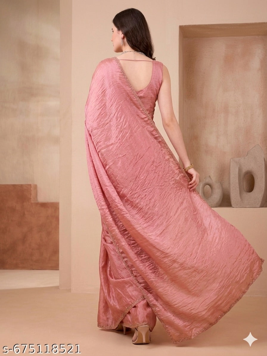 Elegant Blush Pink Satin Saree with Embellished Border