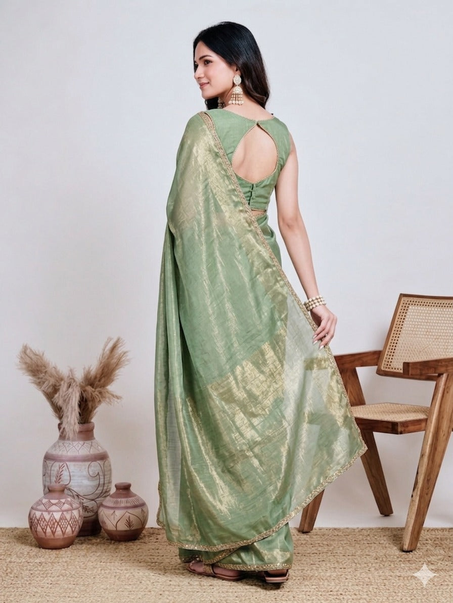 Elegant Sage Green Saree with Golden Border
