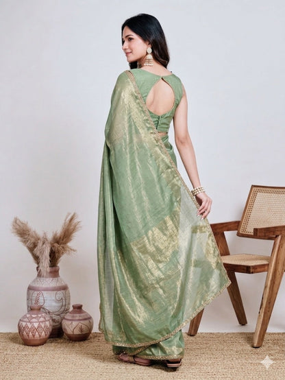 Elegant Sage Green Saree with Golden Border