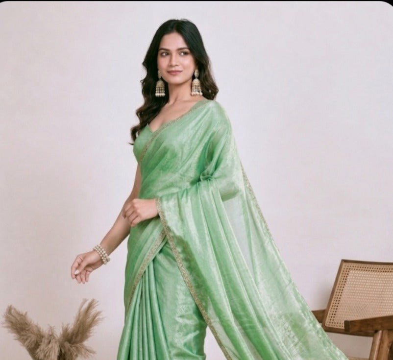 Elegant Mint Green Saree with Golden Border
