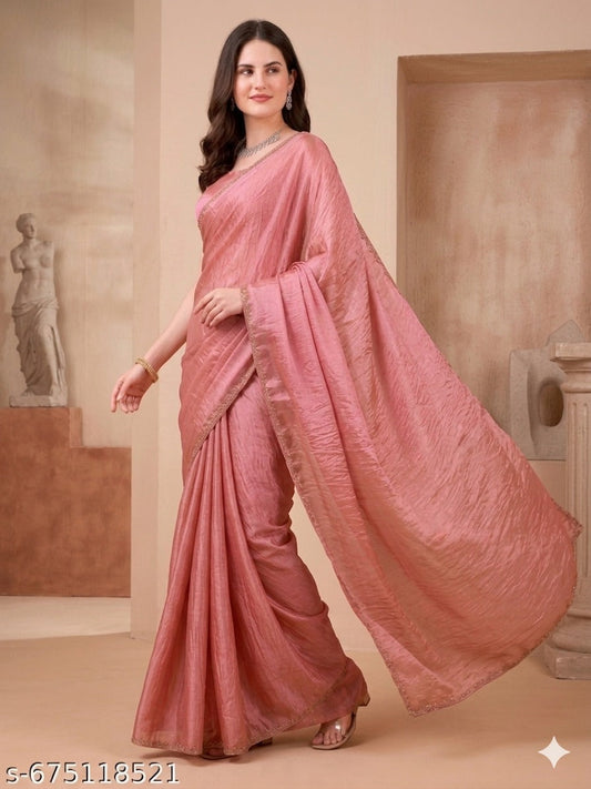 Elegant Blush Pink Satin Saree with Embellished Border
