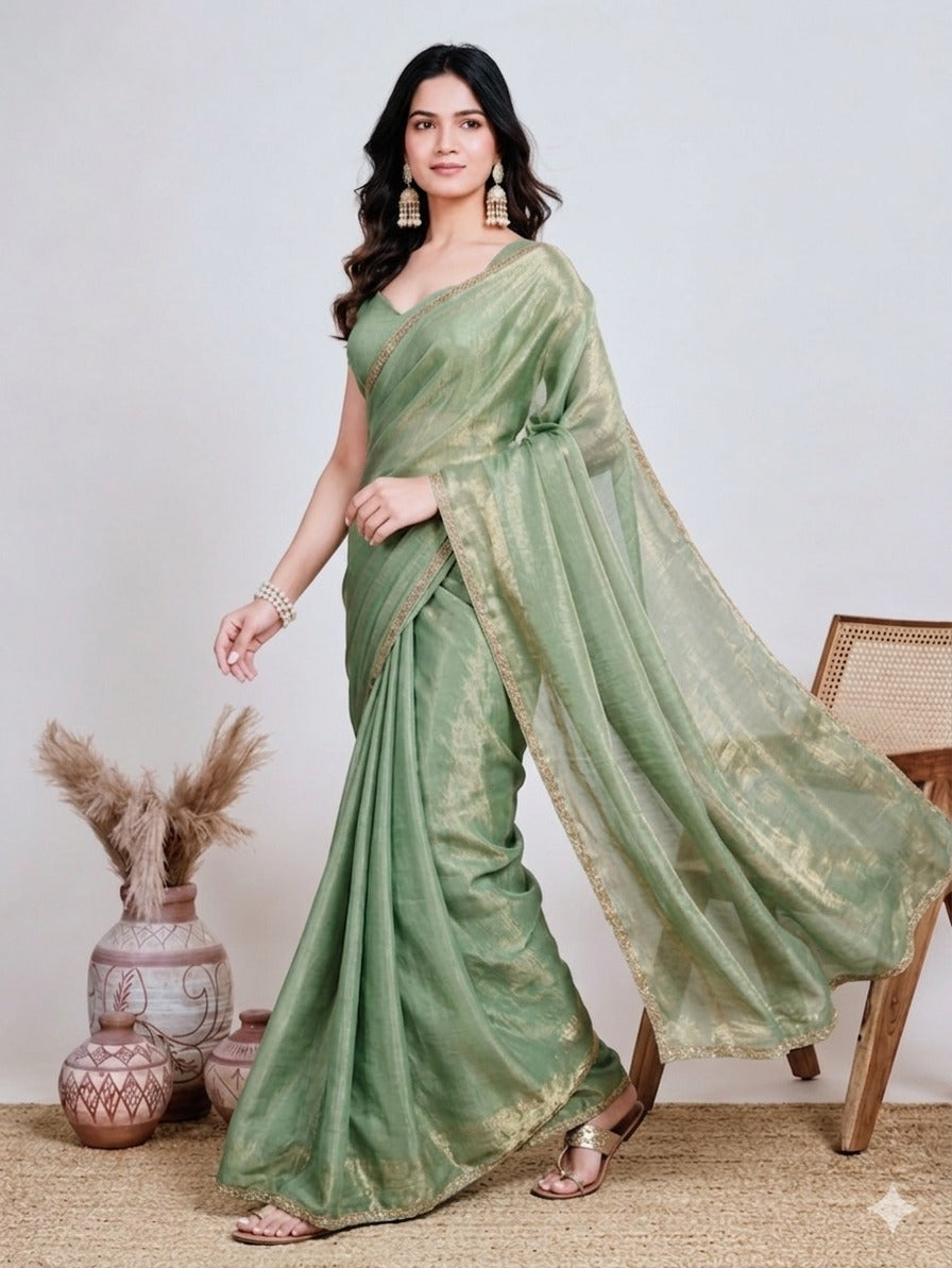 Elegant Sage Green Saree with Golden Border