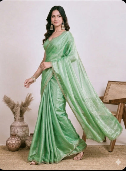 Elegant Mint Green Saree with Golden Border