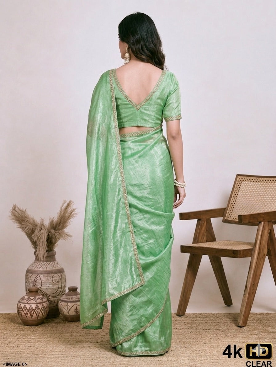 Elegant Sage Green Saree with Golden Border