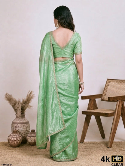 Elegant Sage Green Saree with Golden Border