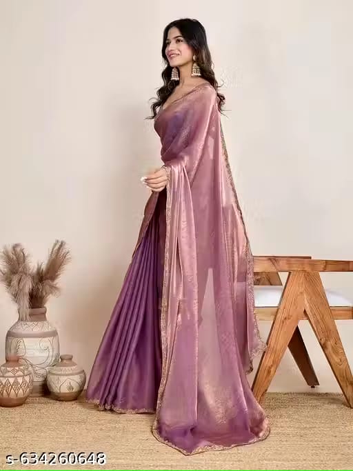 Elegant Mauve Pink Shimmer Saree with Golden Border