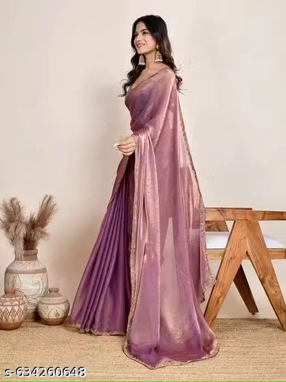 Elegant Mauve Pink Shimmer Saree with Golden Border