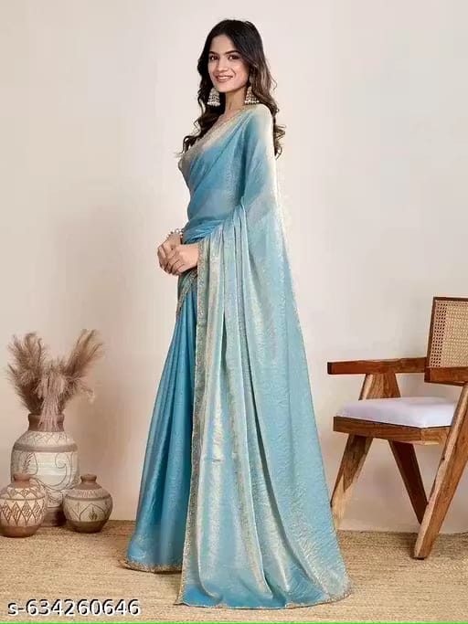Elegant Sky Blue Shimmer Saree with Golden Border